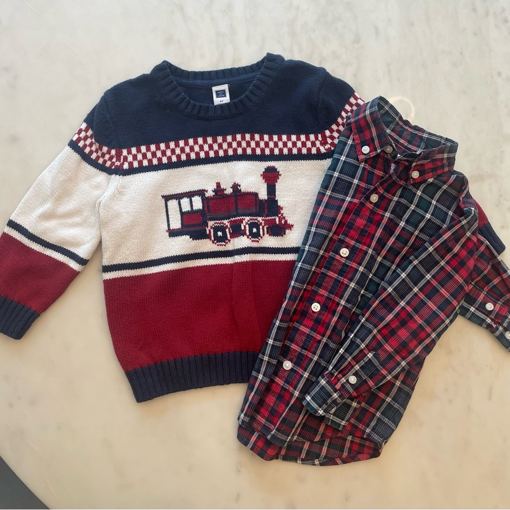 Janie and Jack Blue and Red Knit Sweater with Geometric Pattern